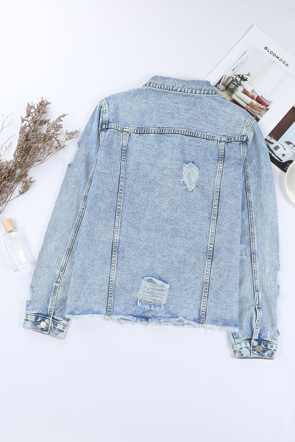Denim Lapel Distressed Raw Hem Buttoned Jacket - Rooted & Reckless Co.