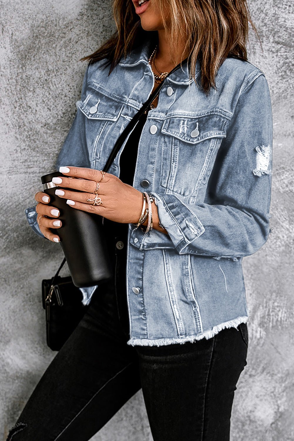 Denim Lapel Distressed Raw Hem Buttoned Jacket - Rooted & Reckless Co.