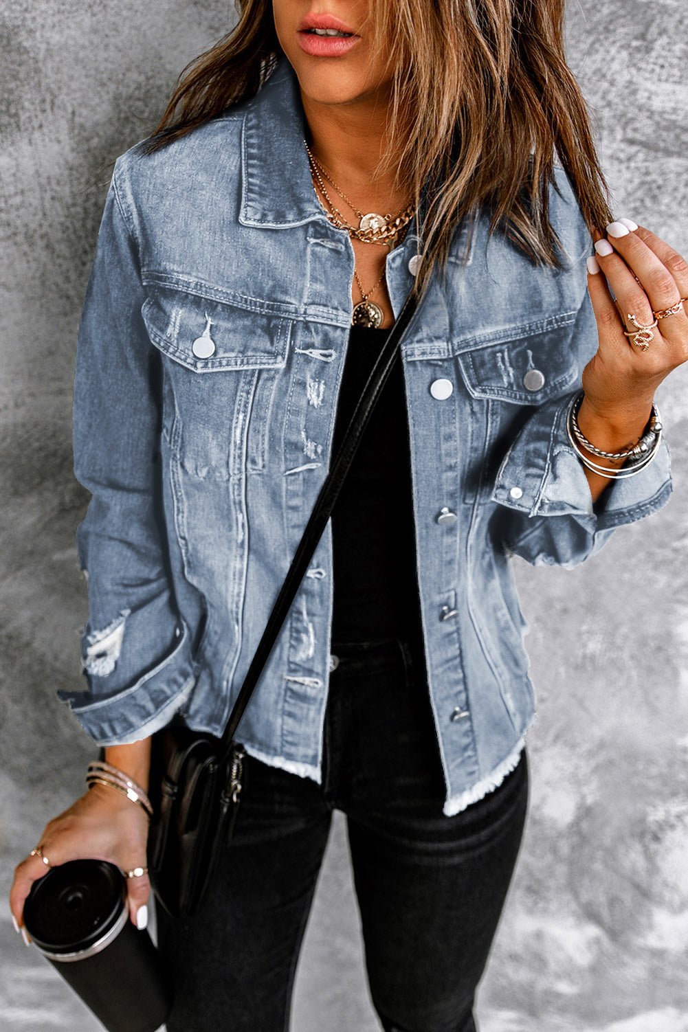 Denim Lapel Distressed Raw Hem Buttoned Jacket - Rooted & Reckless Co.