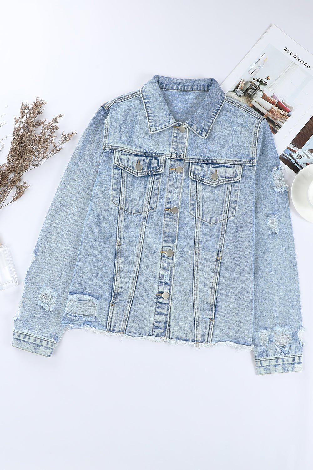 Denim Lapel Distressed Raw Hem Buttoned Jacket - Rooted & Reckless Co.