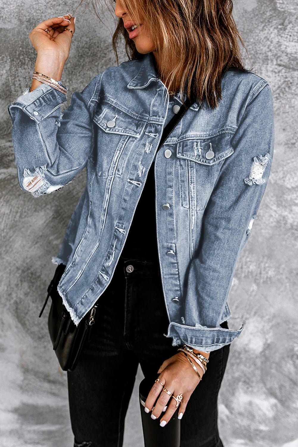 Denim Lapel Distressed Raw Hem Buttoned Jacket - Rooted & Reckless Co.