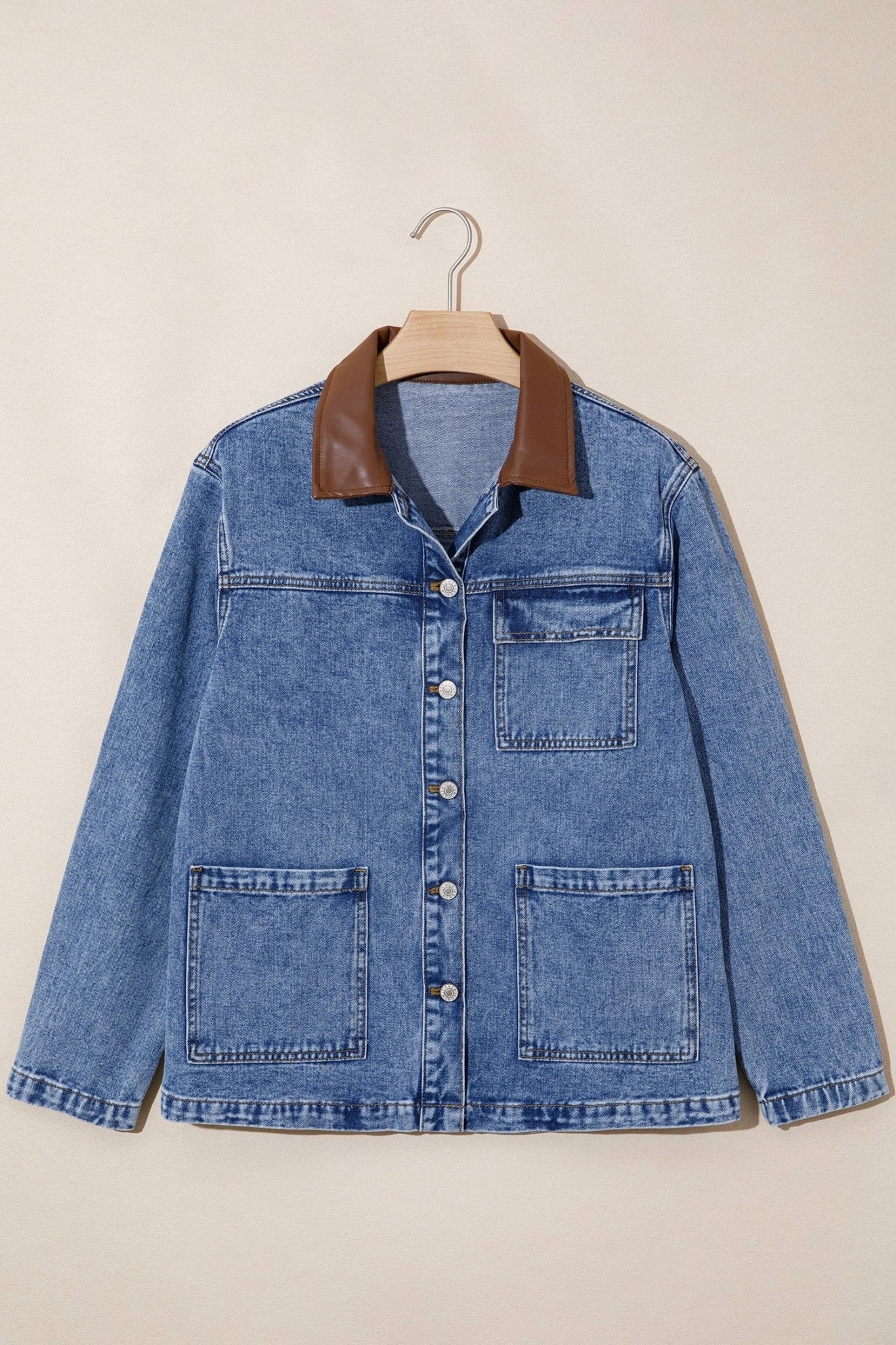 Denim Leather Collar Pocketed Button Front Jacket - Rooted & Reckless Co.