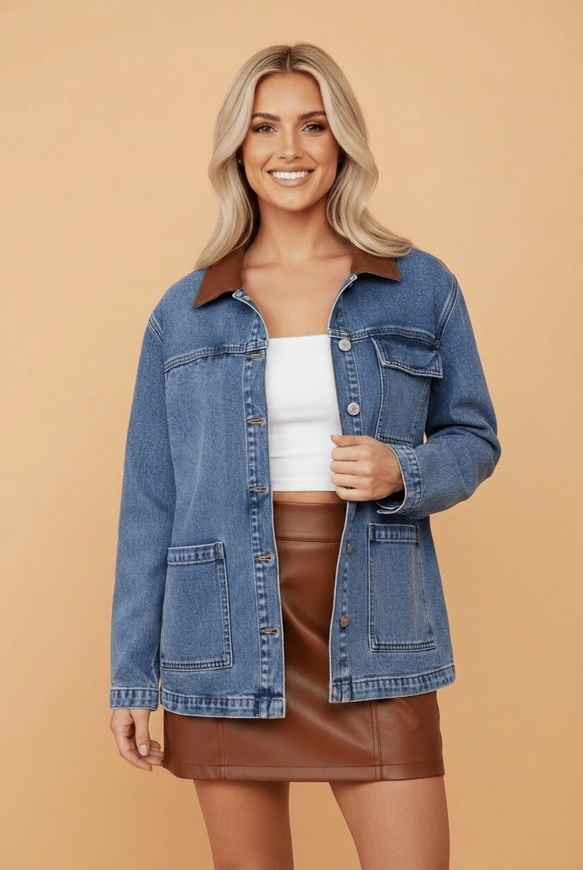 Denim Leather Collar Pocketed Button Front Jacket - Rooted & Reckless Co.