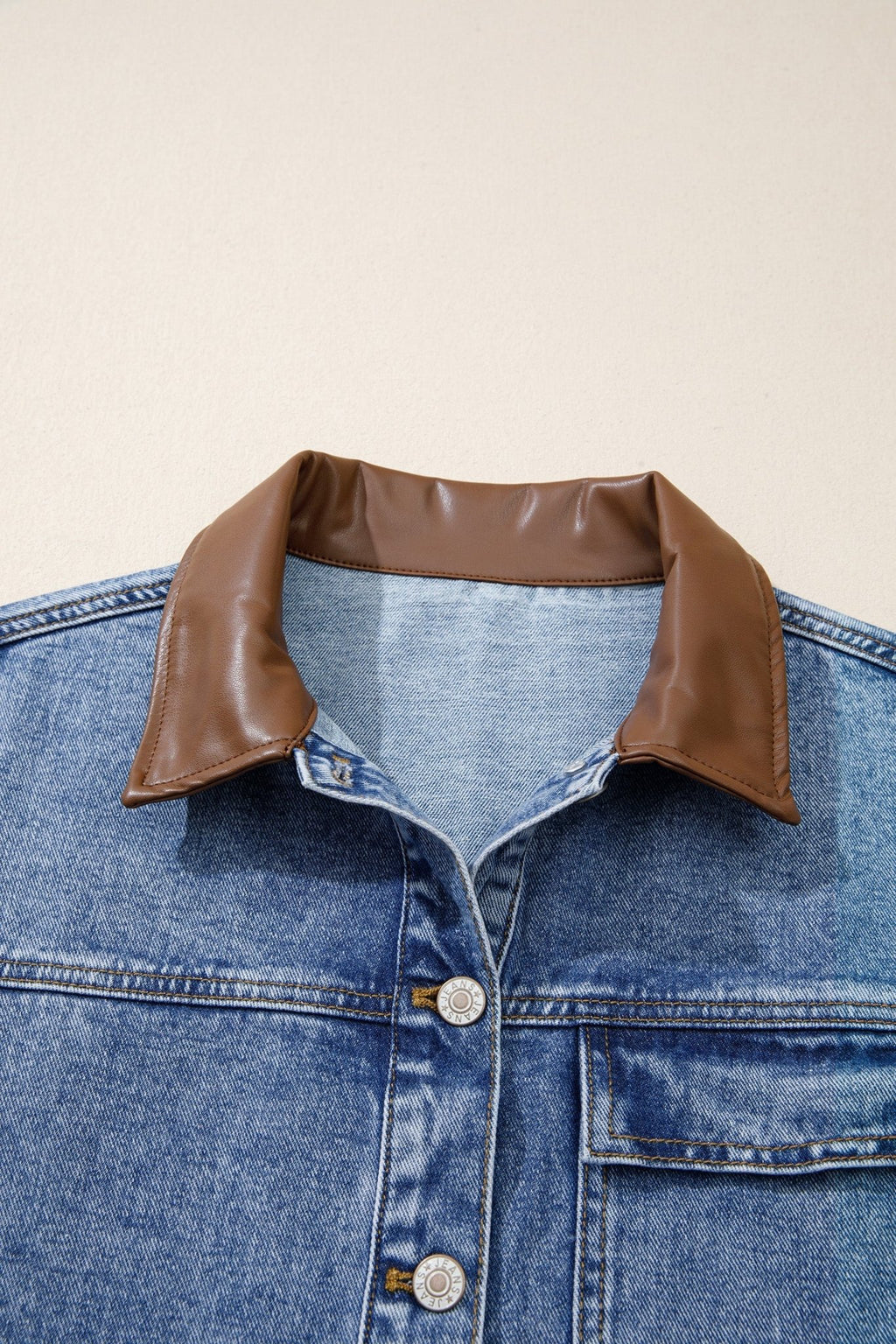 Denim Leather Collar Pocketed Button Front Jacket - Rooted & Reckless Co.