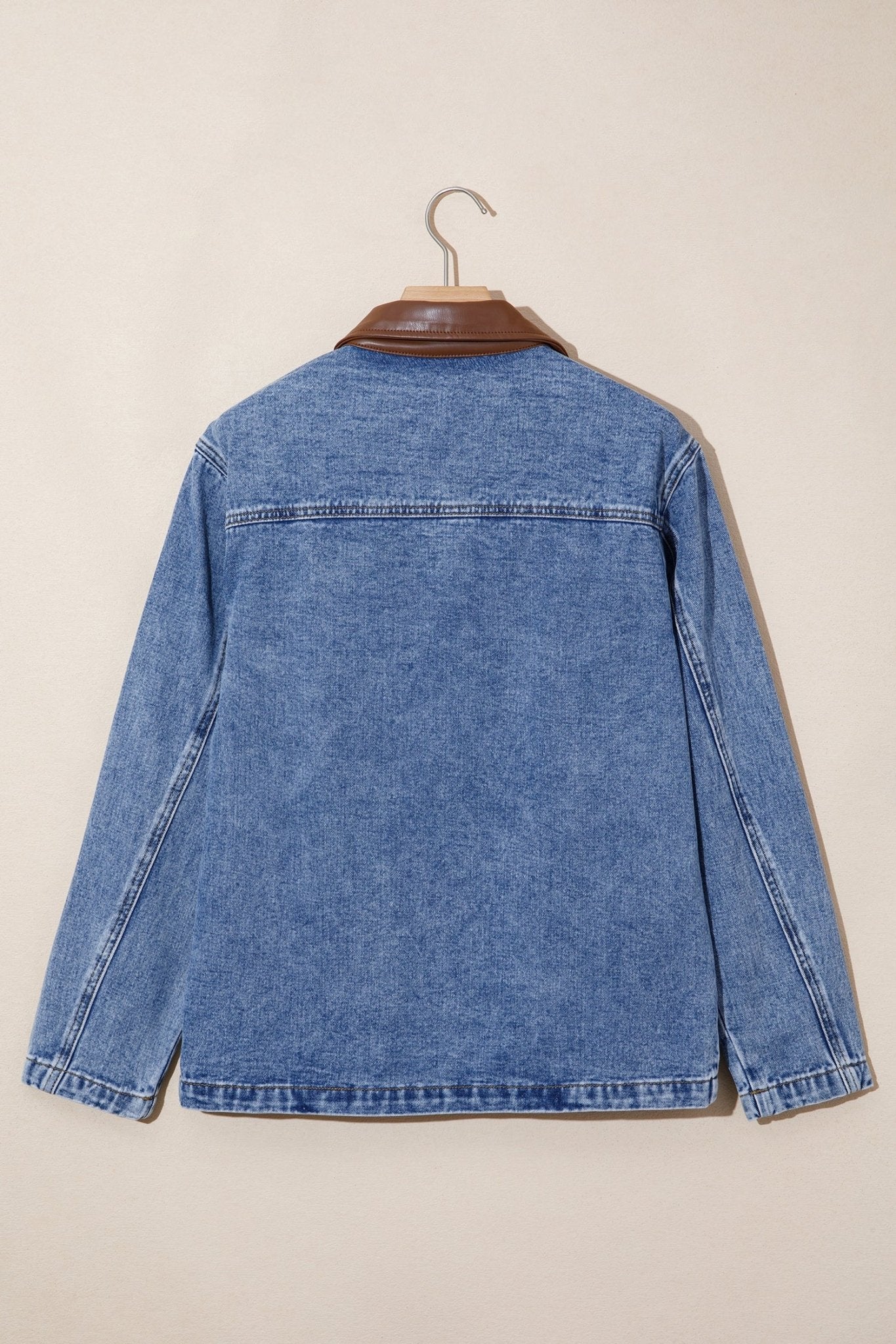 Denim Leather Collar Pocketed Button Front Jacket - Rooted & Reckless Co.