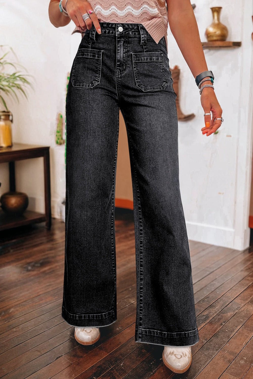 Denim Patch Pocket Wide Leg Jeans - Rooted & Reckless Co.