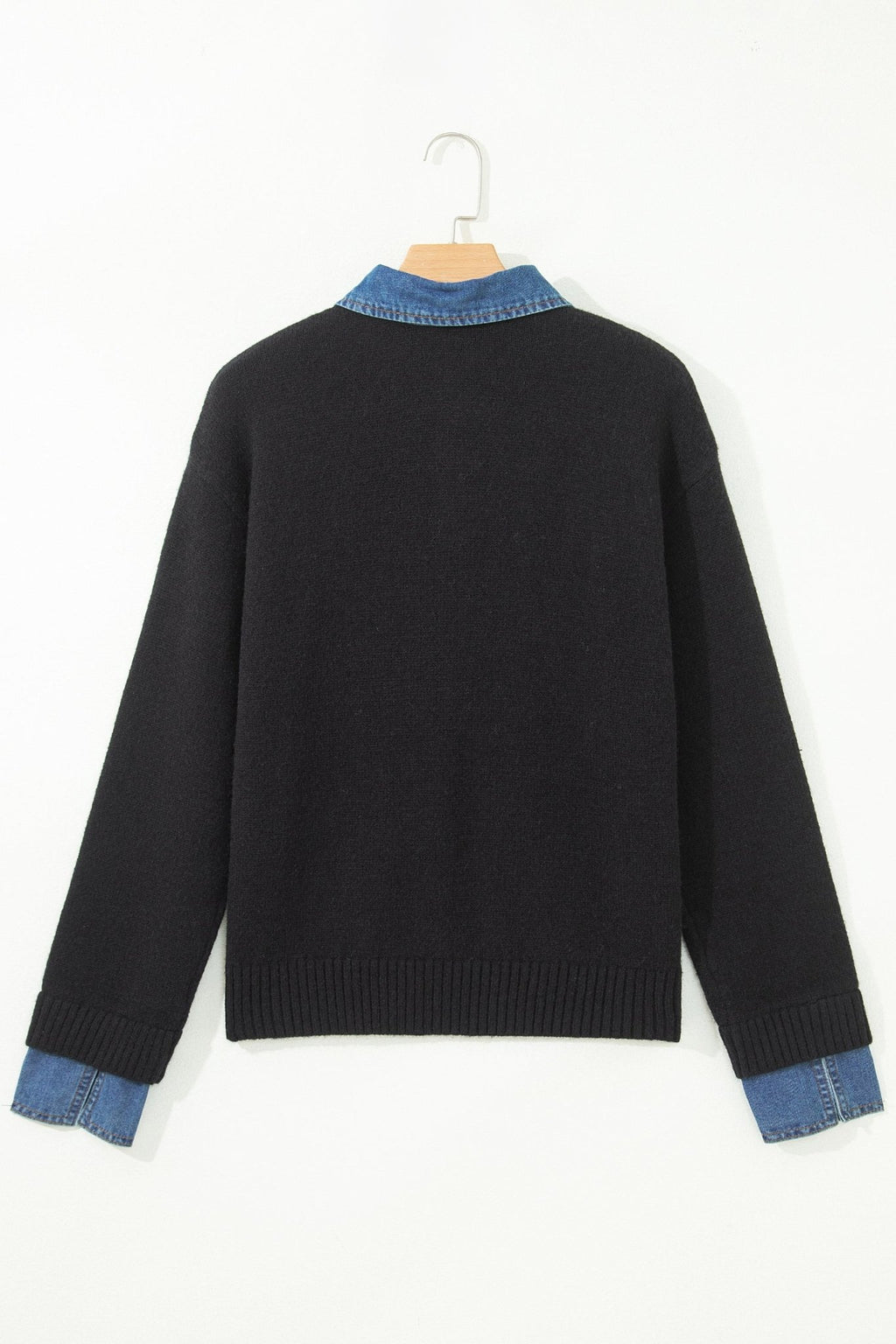 Denim Patchwork Collar Cuffed Long Sleeve Sweater - Rooted & Reckless Co.