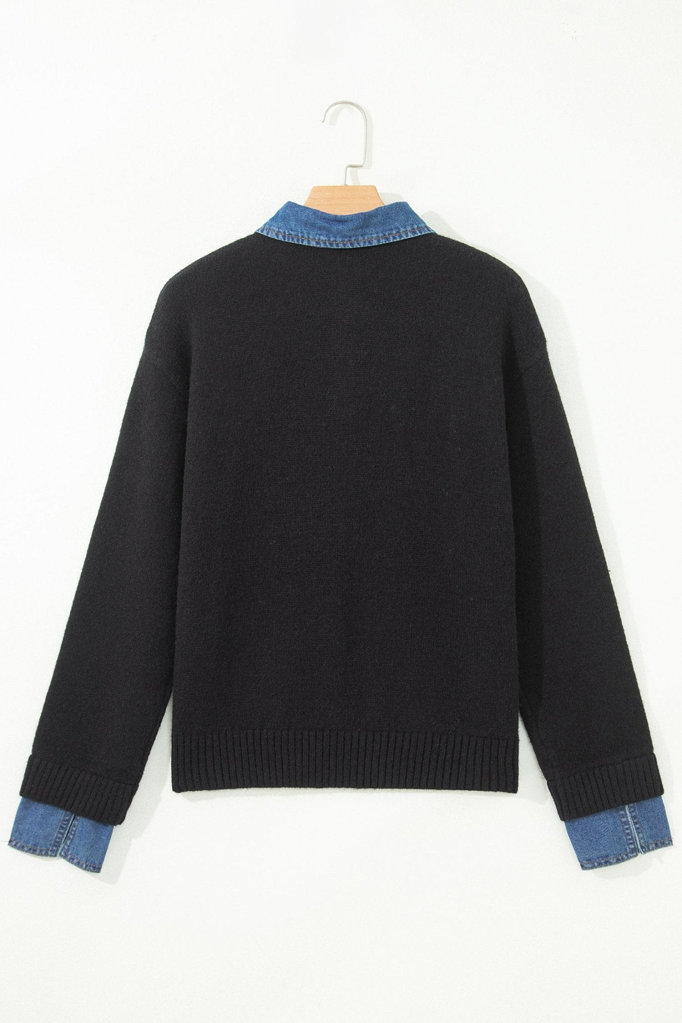 Denim Patchwork Collar Cuffed Long Sleeve Sweater - Rooted & Reckless Co.