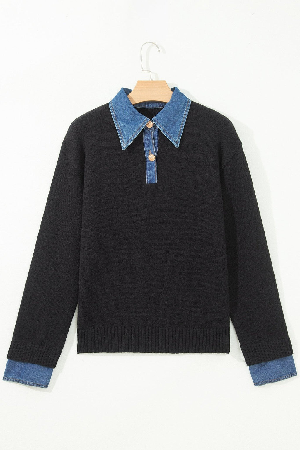Denim Patchwork Collar Cuffed Long Sleeve Sweater - Rooted & Reckless Co.