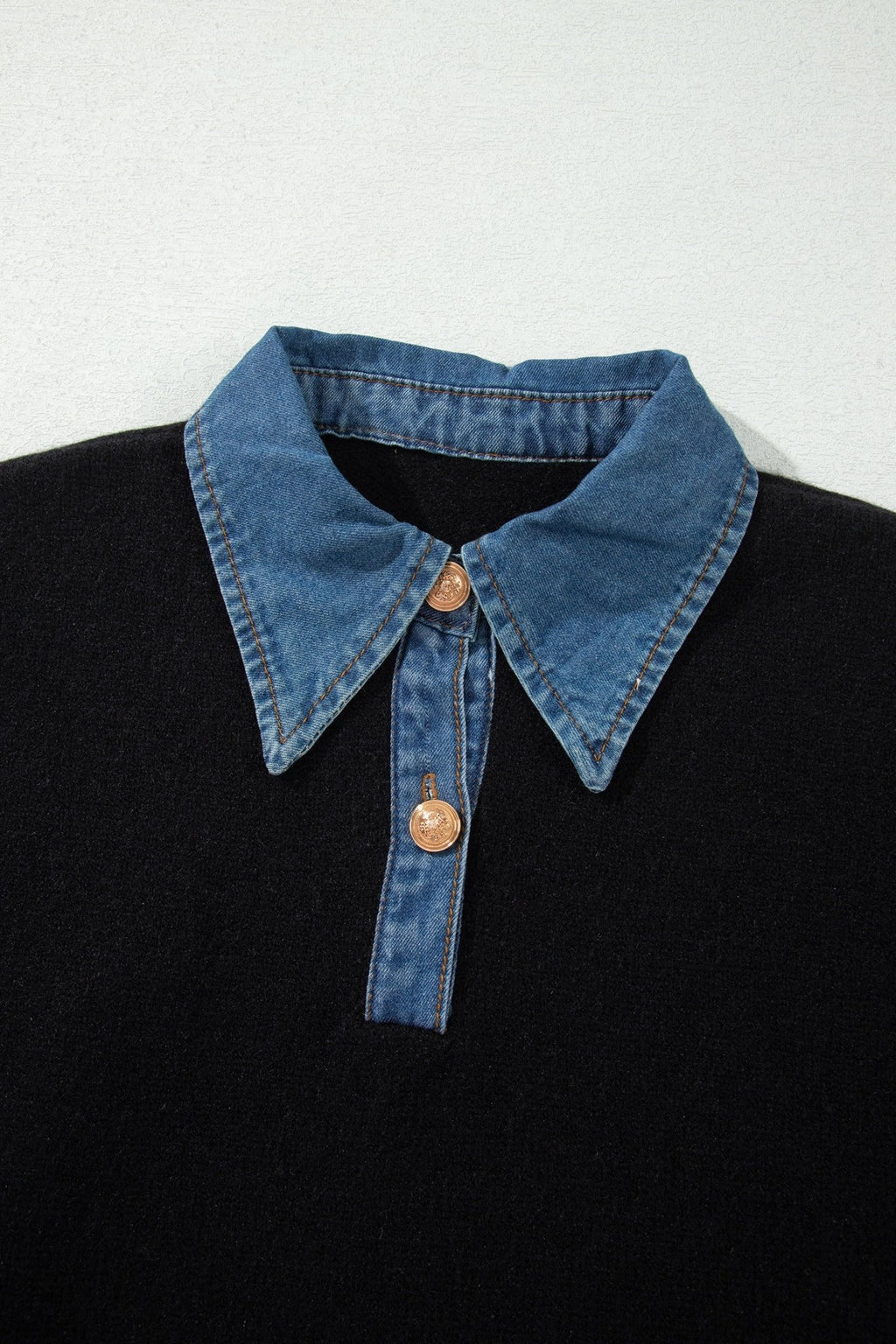 Denim Patchwork Collar Cuffed Long Sleeve Sweater - Rooted & Reckless Co.