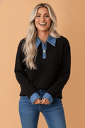 Denim Patchwork Collar Cuffed Long Sleeve Sweater - Rooted & Reckless Co.