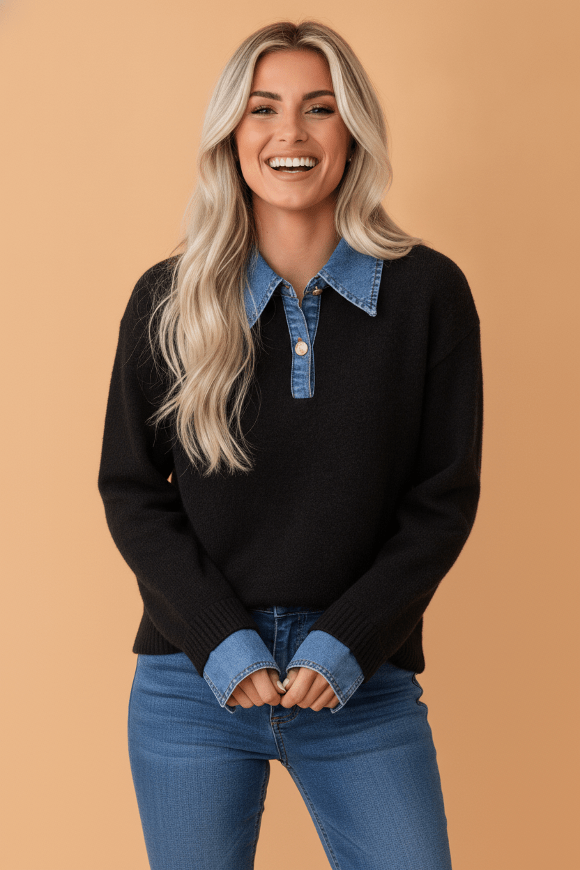 Denim Patchwork Collar Cuffed Long Sleeve Sweater - Rooted & Reckless Co.