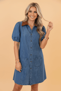 Denim Patchwork Collar Puff Sleeve Buttoned Mini Dress - Rooted & Reckless Co.
