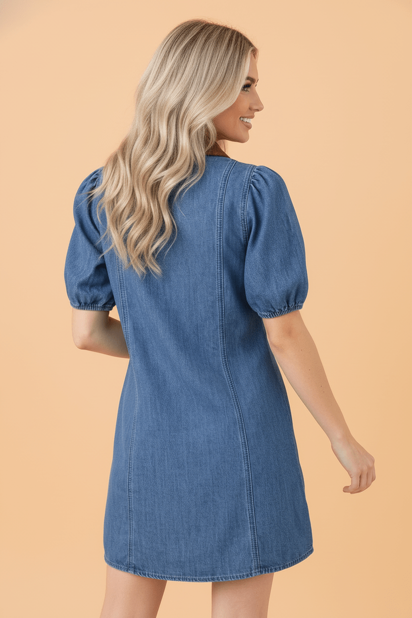 Denim Patchwork Collar Puff Sleeve Buttoned Mini Dress - Rooted & Reckless Co.
