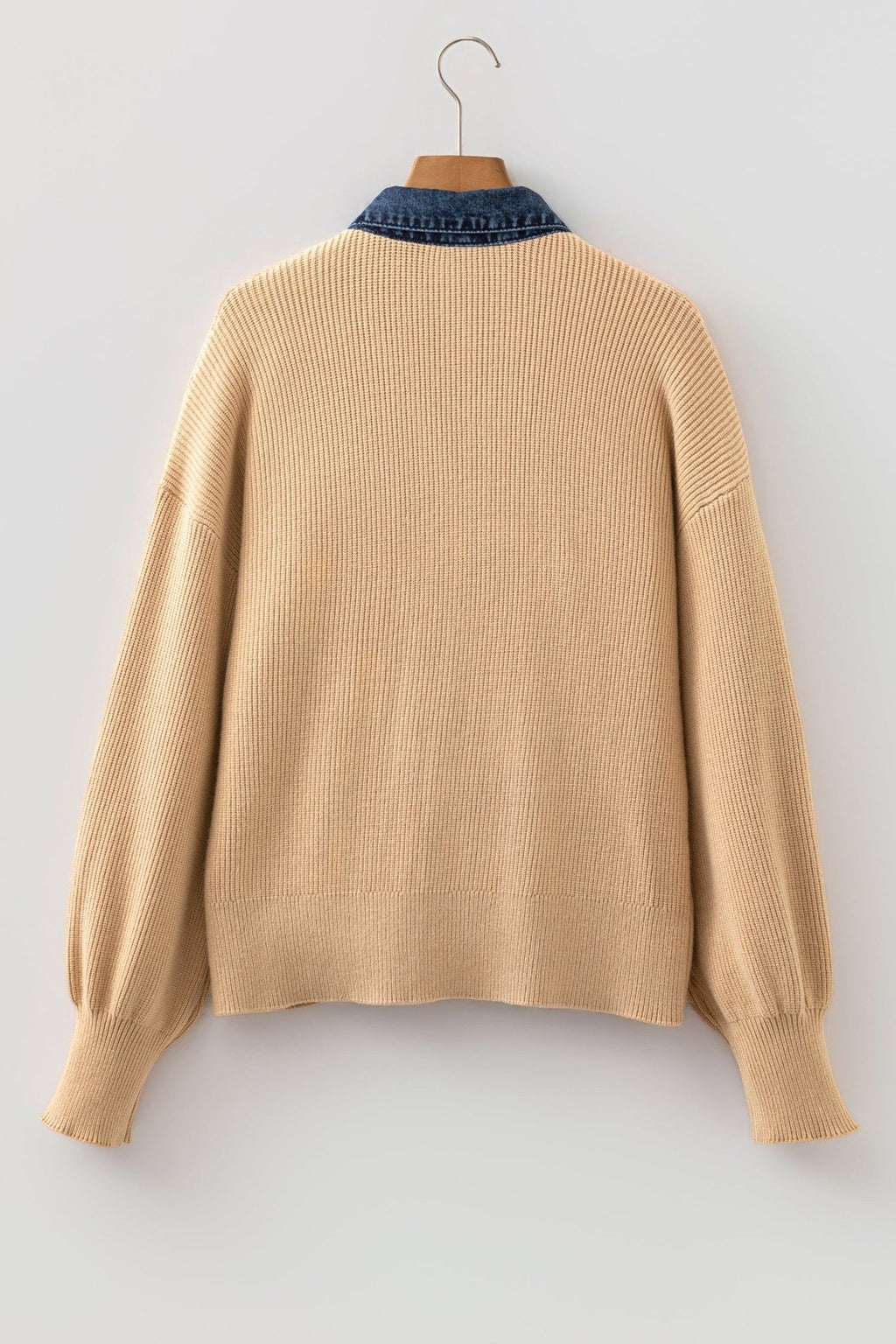 Denim Patchwork Collar Ribbed Knit Buttoned Cardigan - Rooted & Reckless Co.