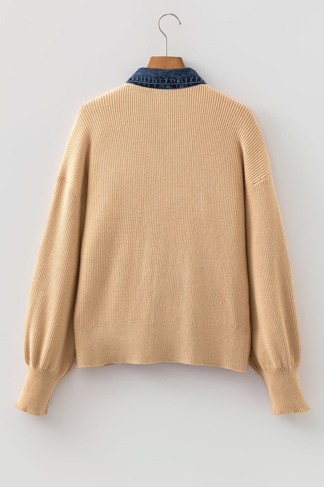 Denim Patchwork Collar Ribbed Knit Buttoned Cardigan - Rooted & Reckless Co.