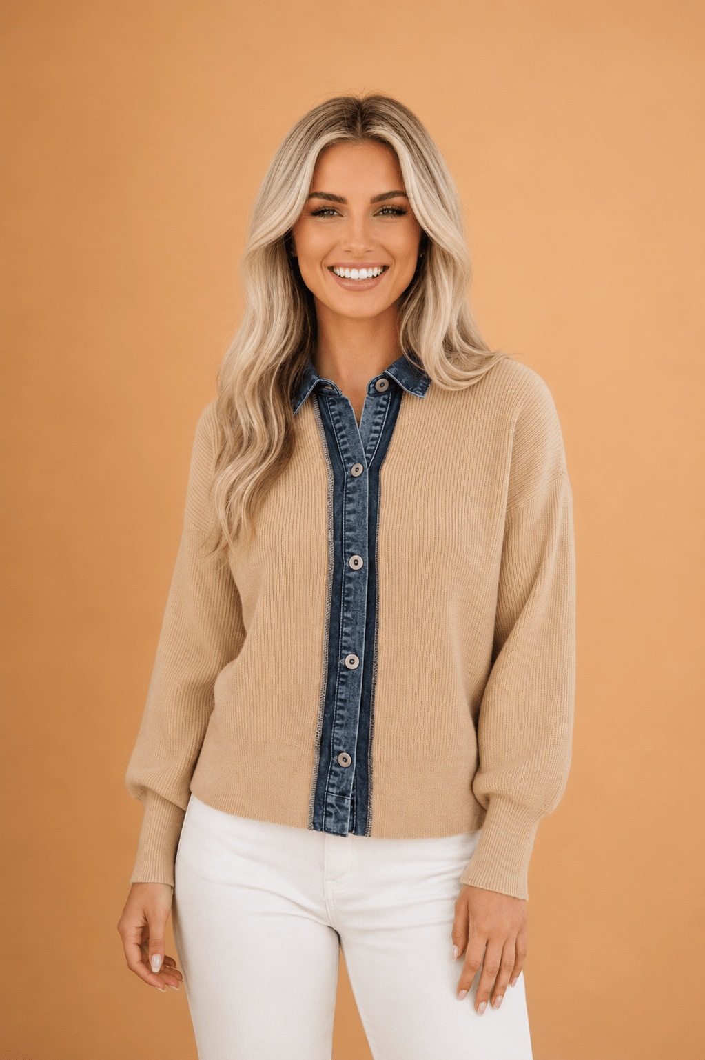 Denim Patchwork Collar Ribbed Knit Buttoned Cardigan - Rooted & Reckless Co.