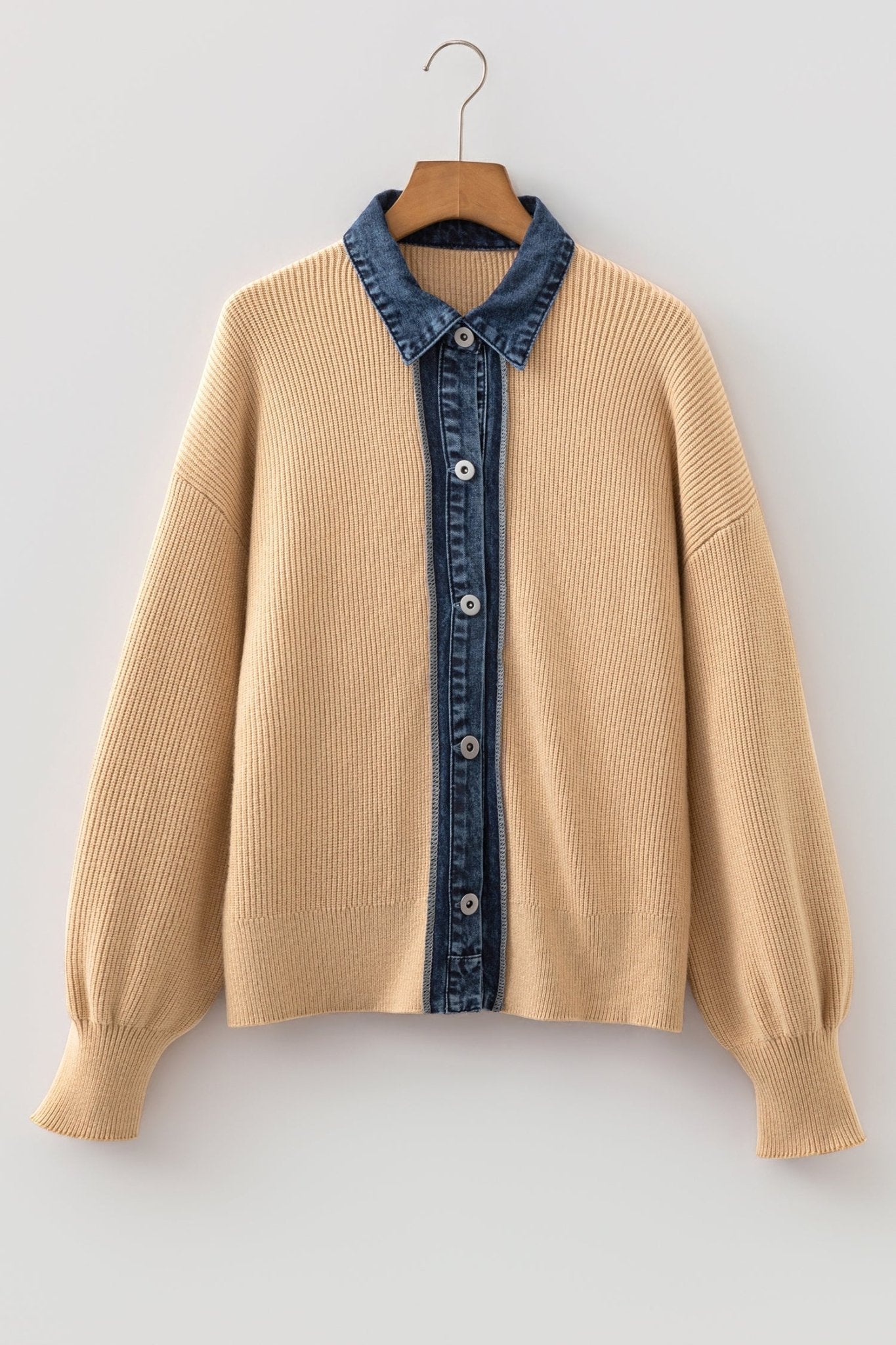 Denim Patchwork Collar Ribbed Knit Buttoned Cardigan - Rooted & Reckless Co.