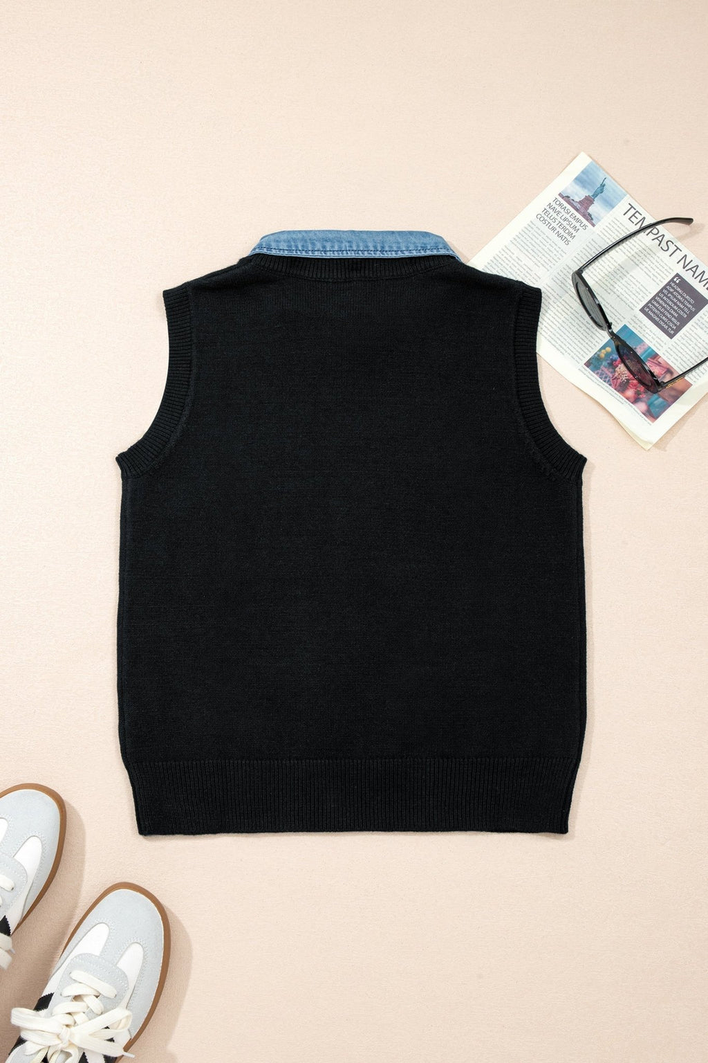 Denim Patchwork Collar Sleeveless Sweater Top - Rooted & Reckless Co.