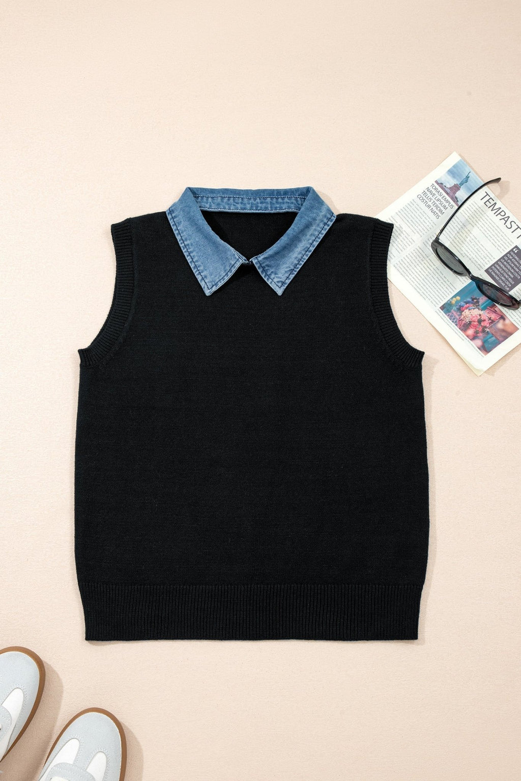 Denim Patchwork Collar Sleeveless Sweater Top - Rooted & Reckless Co.