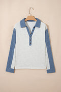 Denim Patchwork Polo Collar Long Sleeve Top - Rooted & Reckless Co.