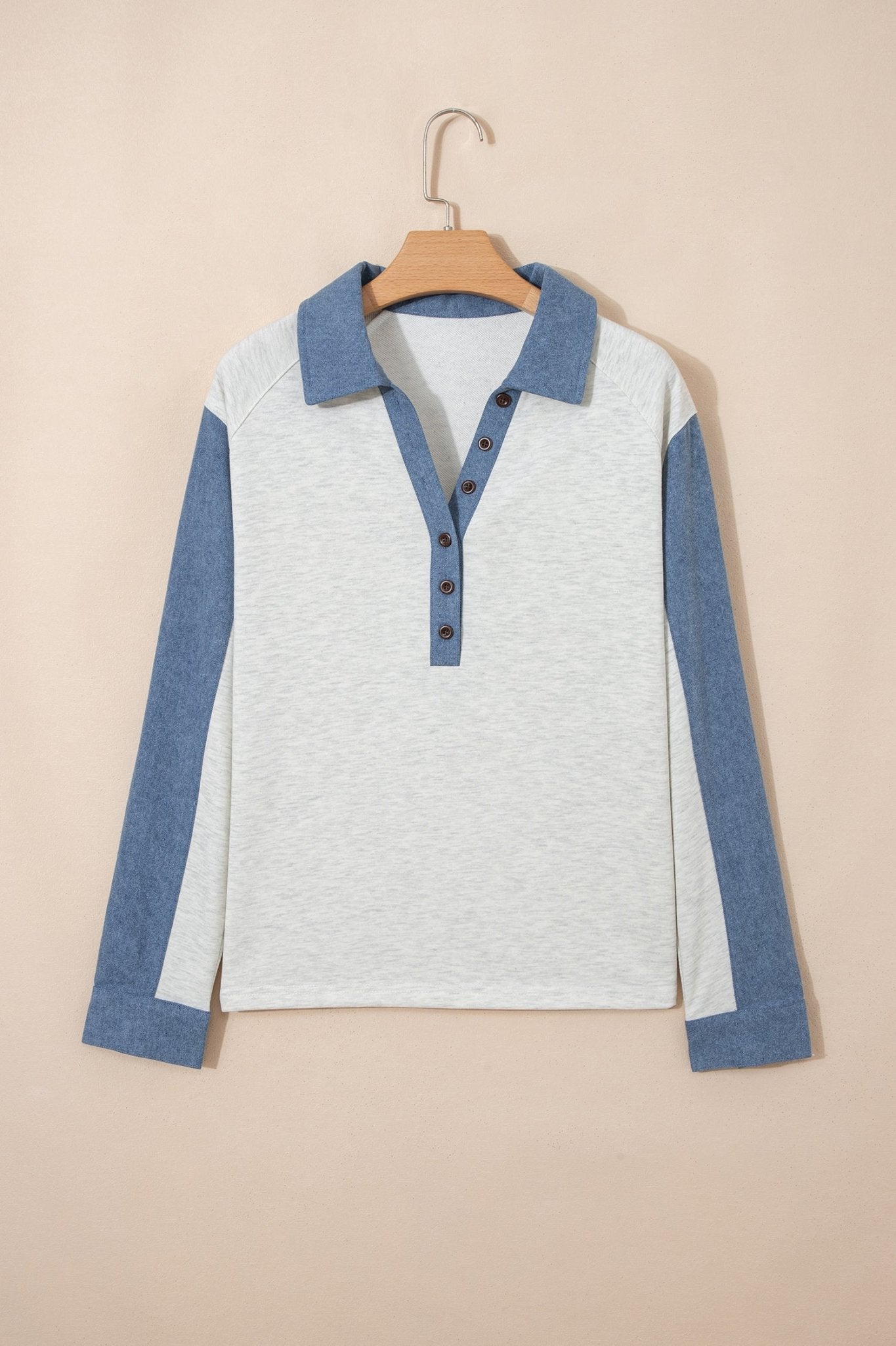 Denim Patchwork Polo Collar Long Sleeve Top - Rooted & Reckless Co.