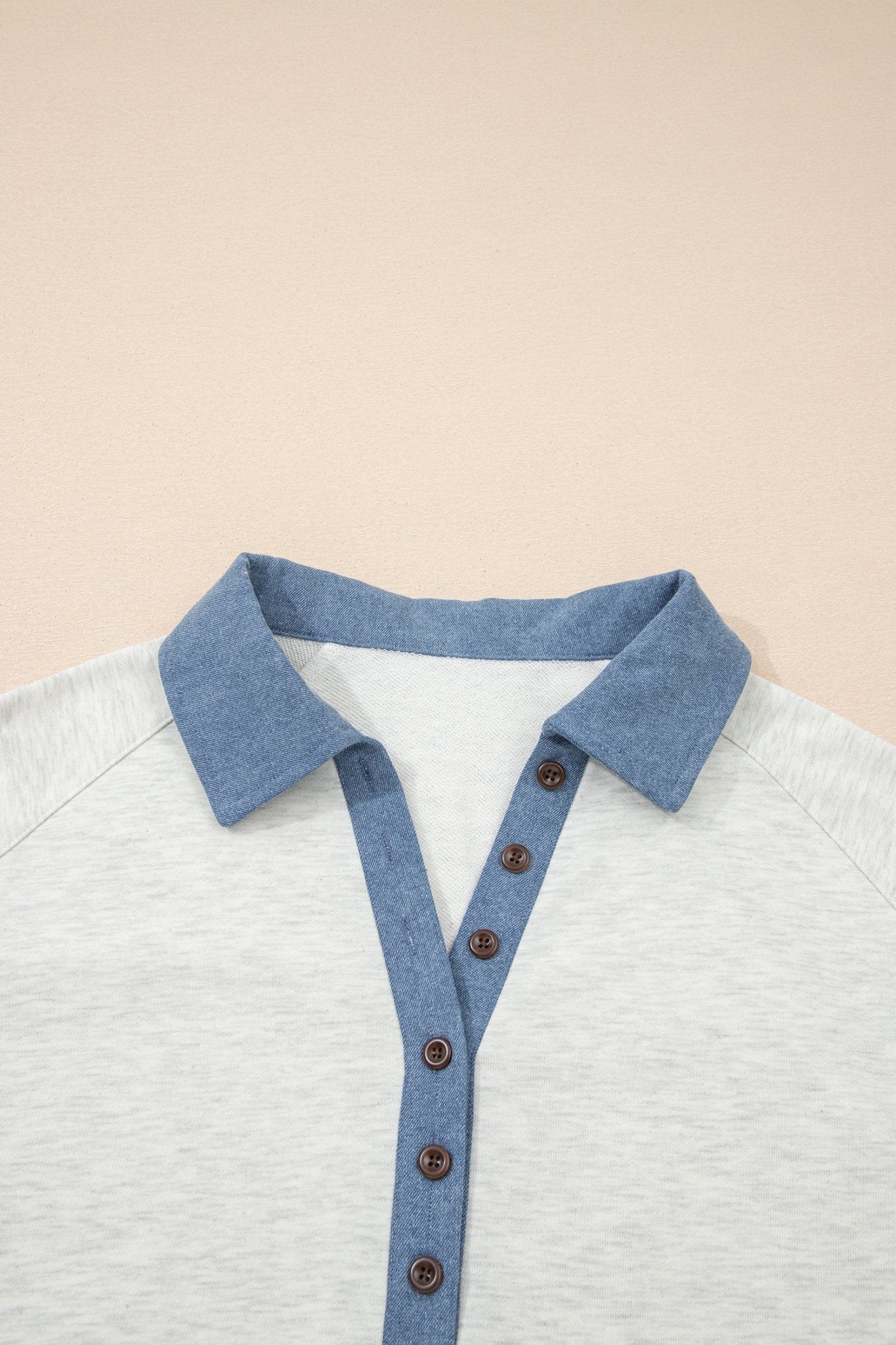 Denim Patchwork Polo Collar Long Sleeve Top - Rooted & Reckless Co.