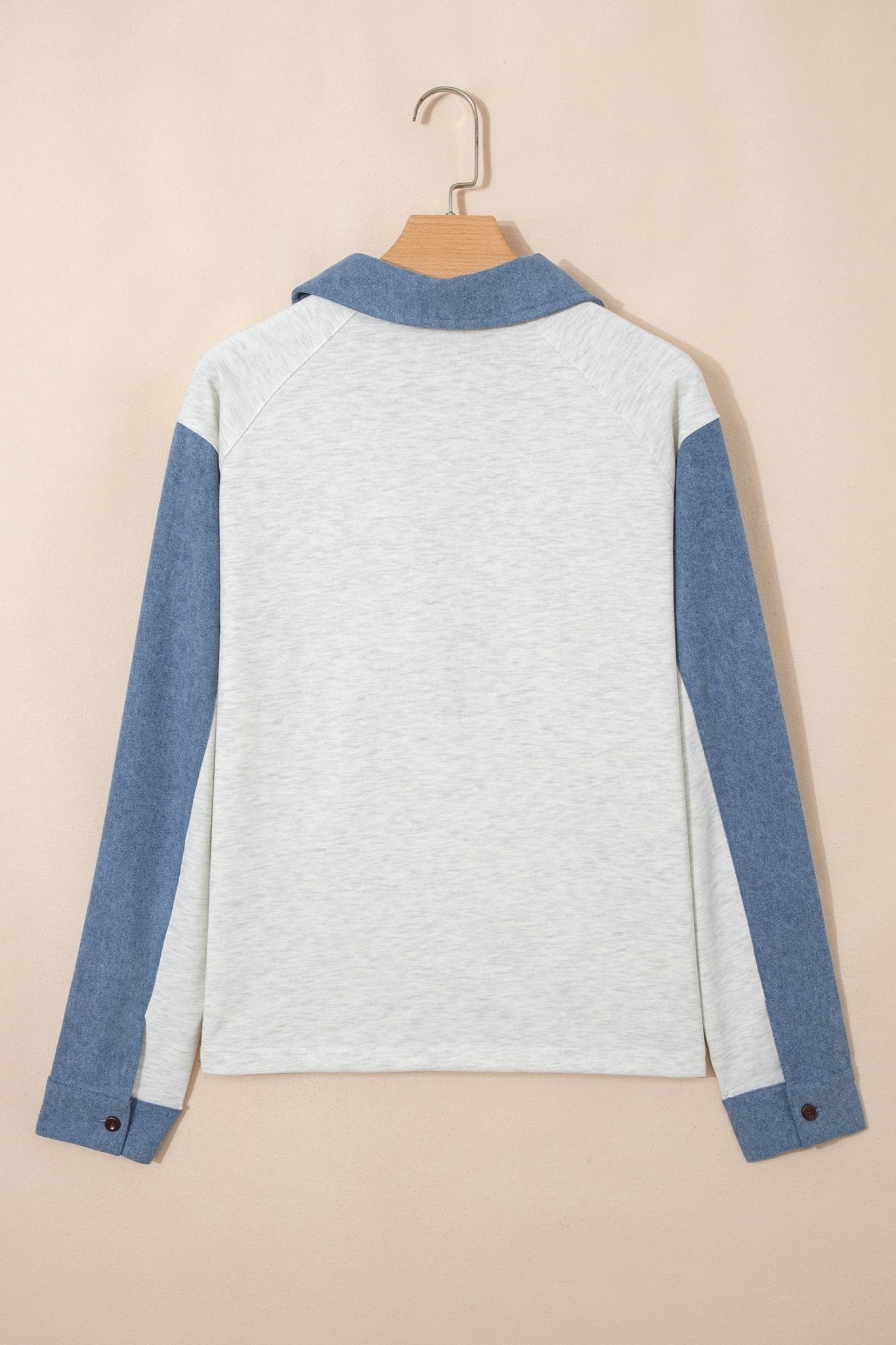 Denim Patchwork Polo Collar Long Sleeve Top - Rooted & Reckless Co.