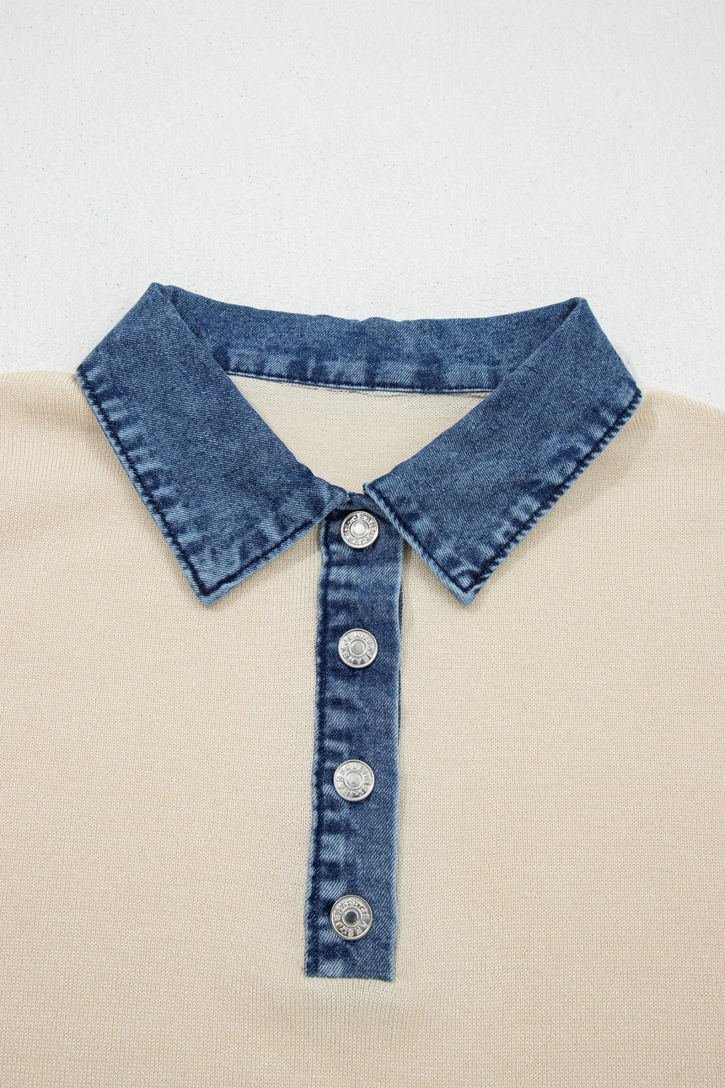 Denim Patchwork Polo Collar Short Sleeve Sweater - Rooted & Reckless Co.