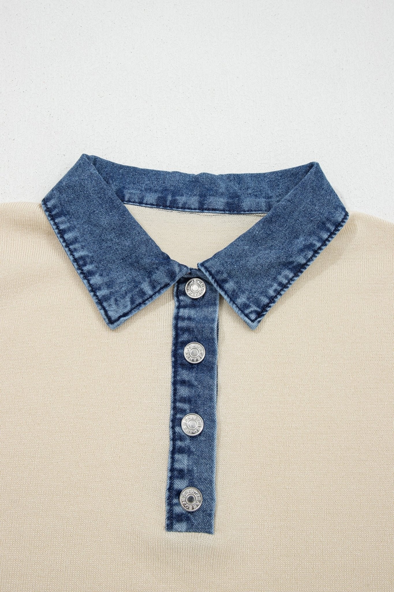 Denim Patchwork Polo Collar Short Sleeve Sweater - Rooted & Reckless Co.