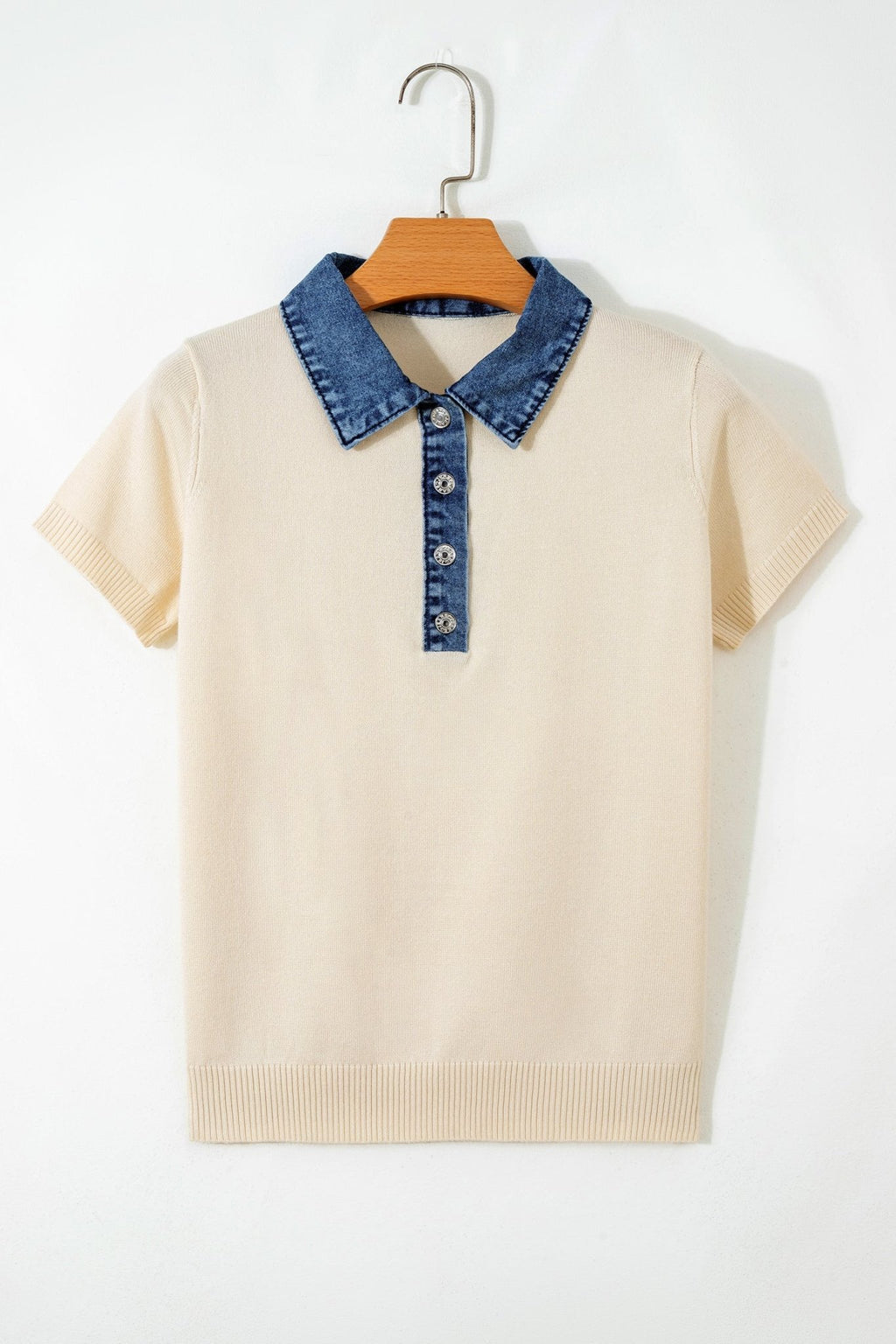 Denim Patchwork Polo Collar Short Sleeve Sweater - Rooted & Reckless Co.