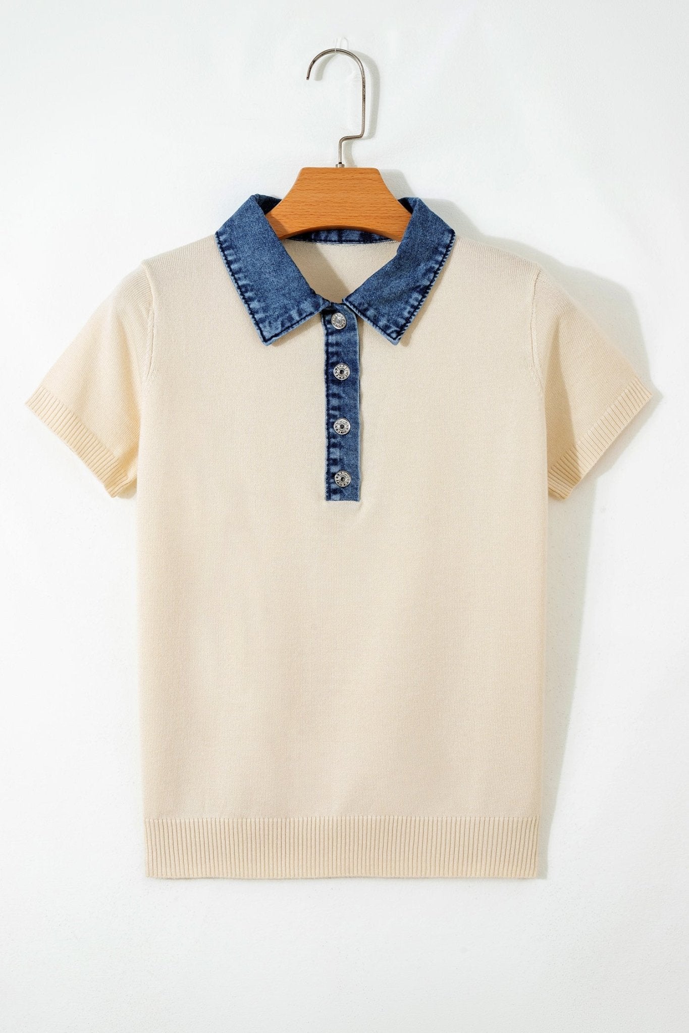 Denim Patchwork Polo Collar Short Sleeve Sweater - Rooted & Reckless Co.