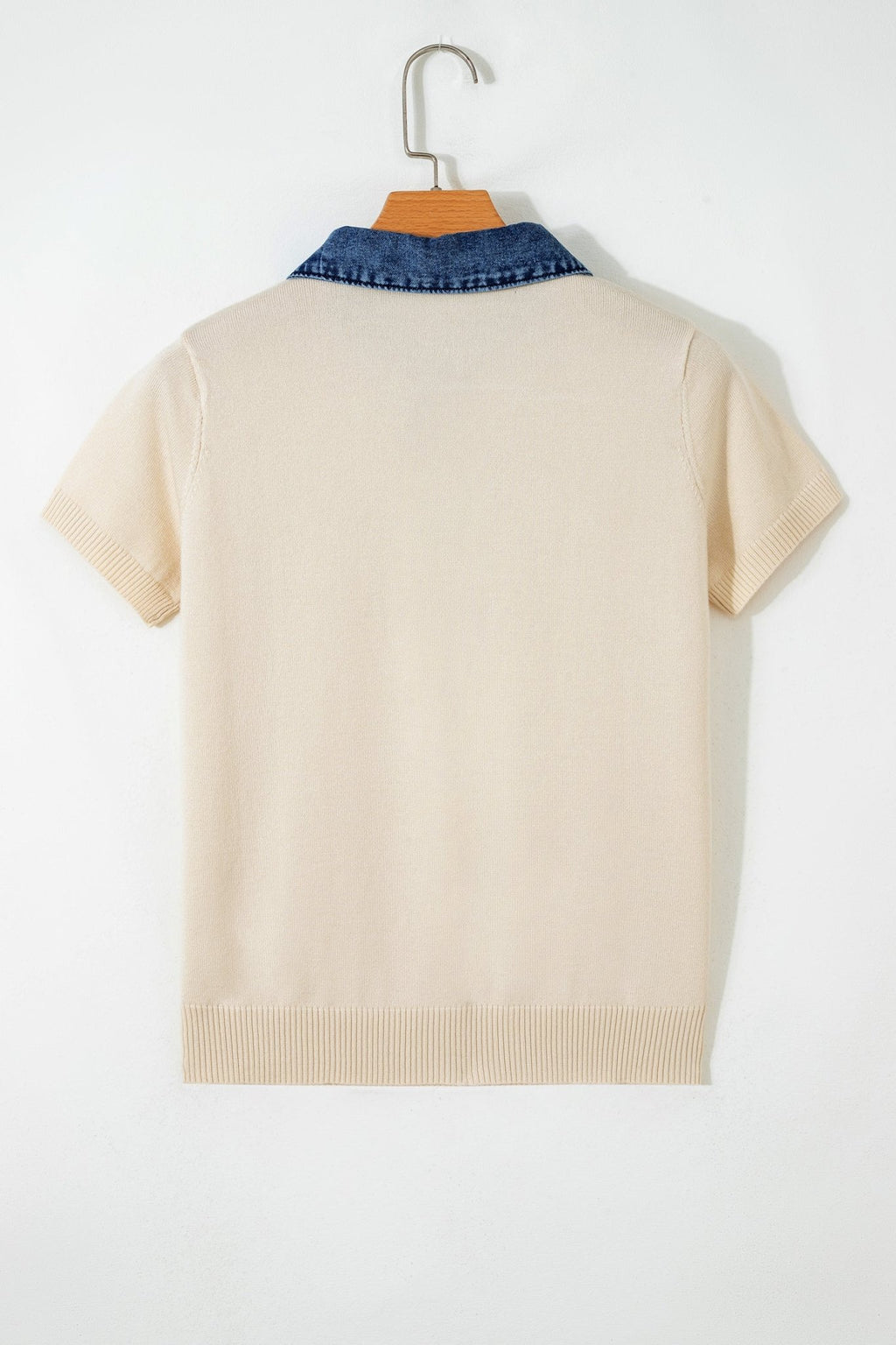 Denim Patchwork Polo Collar Short Sleeve Sweater - Rooted & Reckless Co.