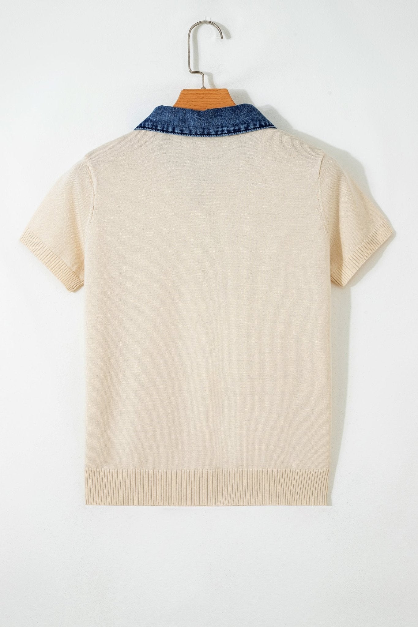 Denim Patchwork Polo Collar Short Sleeve Sweater - Rooted & Reckless Co.