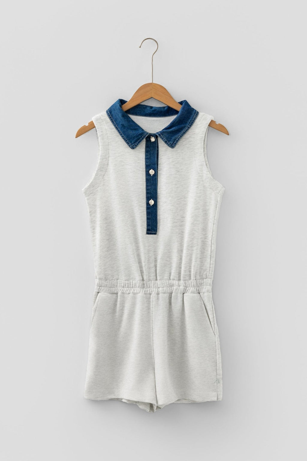 Denim Patchwork Polo Collar Sleeveless Romper - Rooted & Reckless Co.