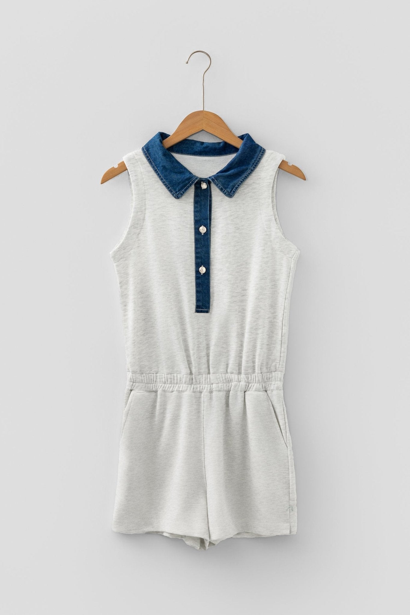 Denim Patchwork Polo Collar Sleeveless Romper - Rooted & Reckless Co.