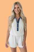 Denim Patchwork Polo Collar Sleeveless Romper - Rooted & Reckless Co.