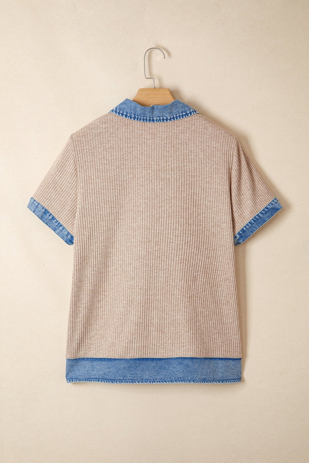 Denim Patchwork Ribbed Knit Collared Blouse - Rooted & Reckless Co.