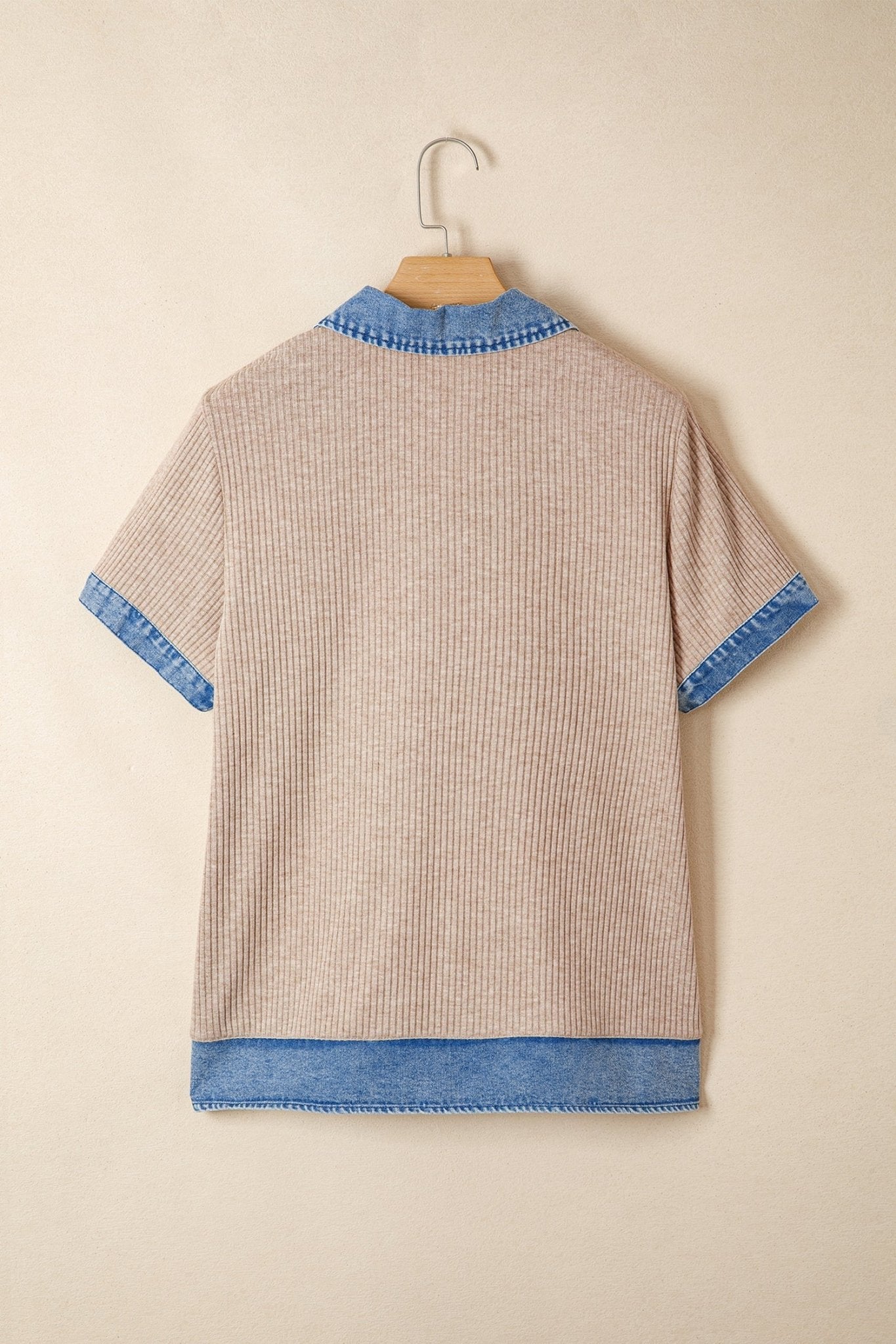 Denim Patchwork Ribbed Knit Collared Blouse - Rooted & Reckless Co.