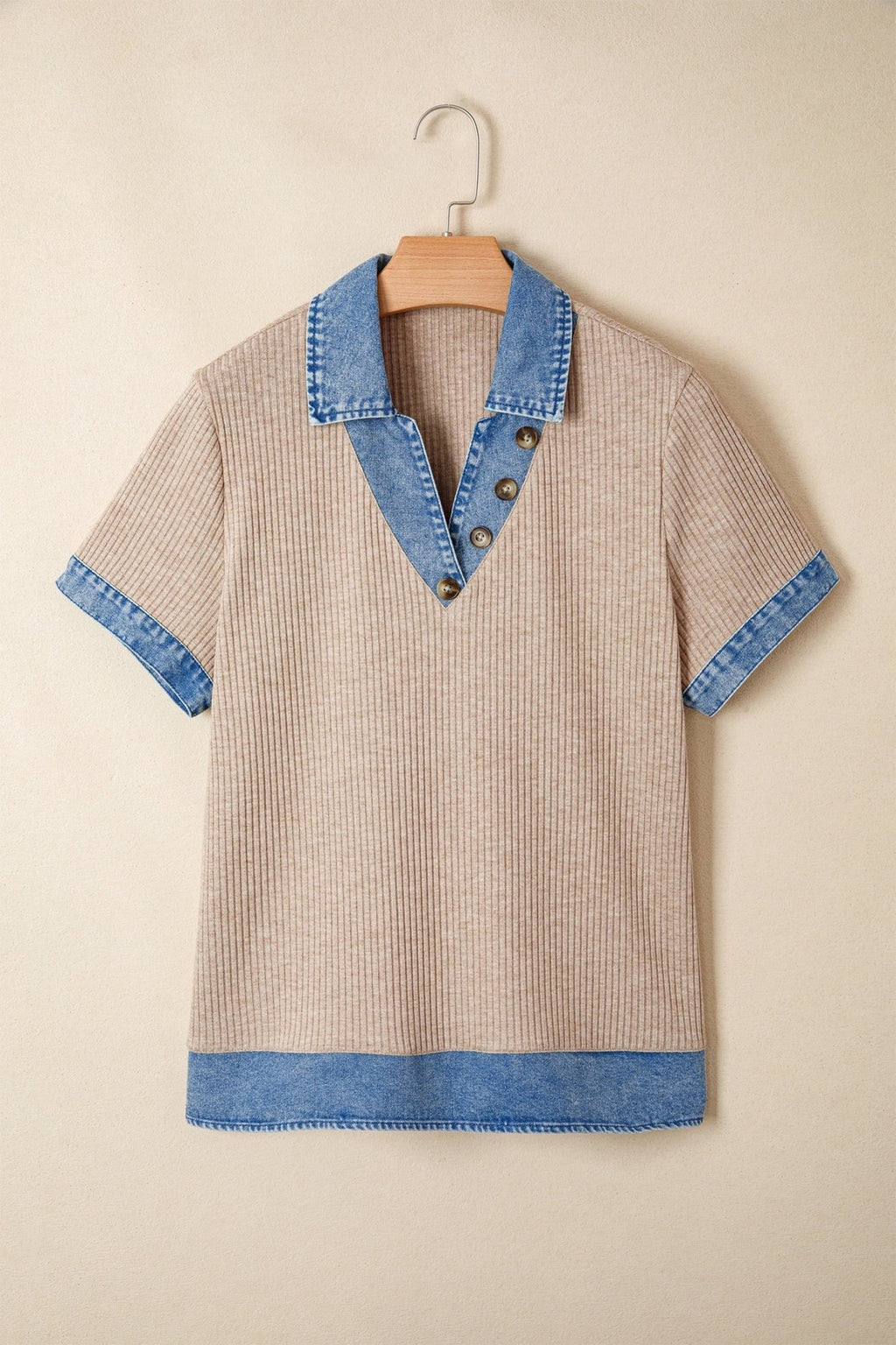 Denim Patchwork Ribbed Knit Collared Blouse - Rooted & Reckless Co.