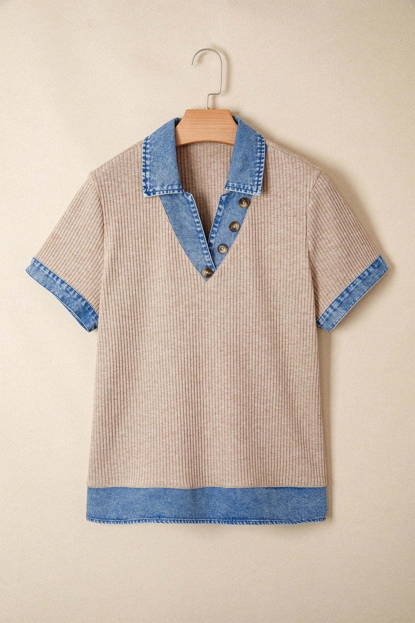 Denim Patchwork Ribbed Knit Collared Blouse - Rooted & Reckless Co.