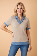Denim Patchwork Ribbed Knit Collared Blouse - Rooted & Reckless Co.
