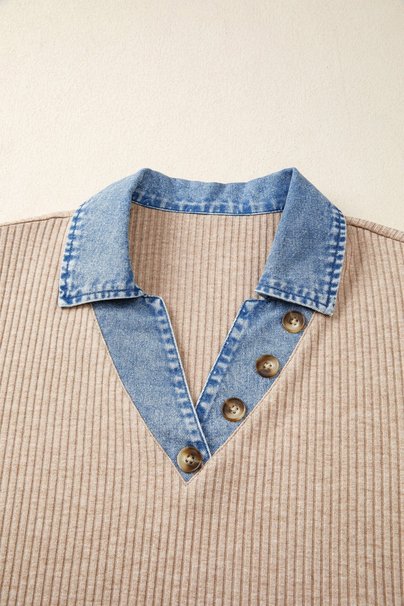 Denim Patchwork Ribbed Knit Collared Blouse - Rooted & Reckless Co.