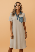Denim Patchwork Ribbed Knit Polo Collar Dress - Rooted & Reckless Co.