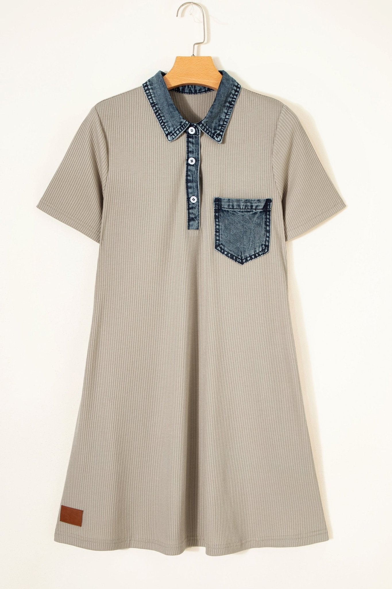 Denim Patchwork Ribbed Knit Polo Collar Dress - Rooted & Reckless Co.