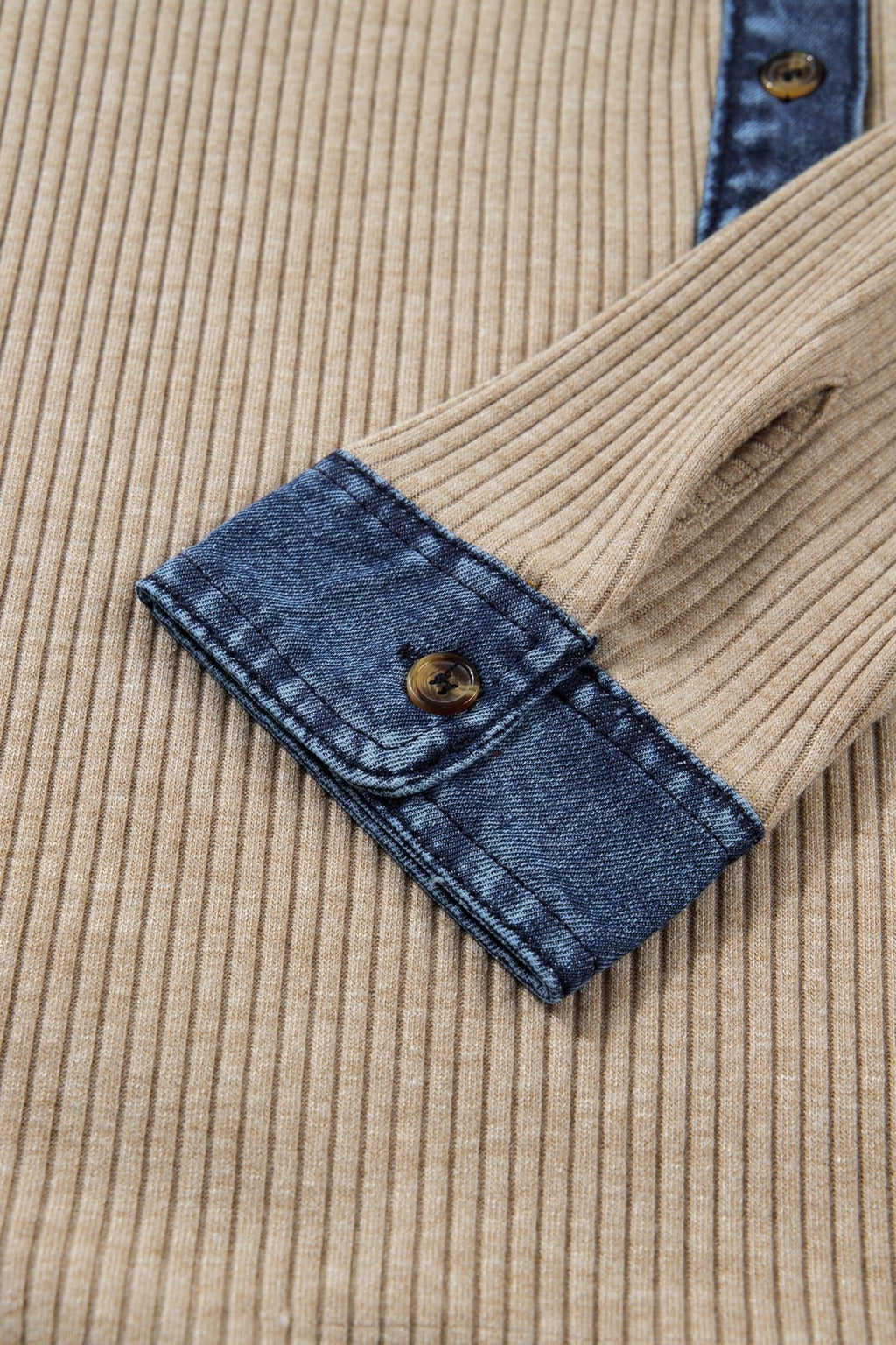 Denim Patchwork Ribbed Knit Polo Collar Top - Rooted & Reckless Co.