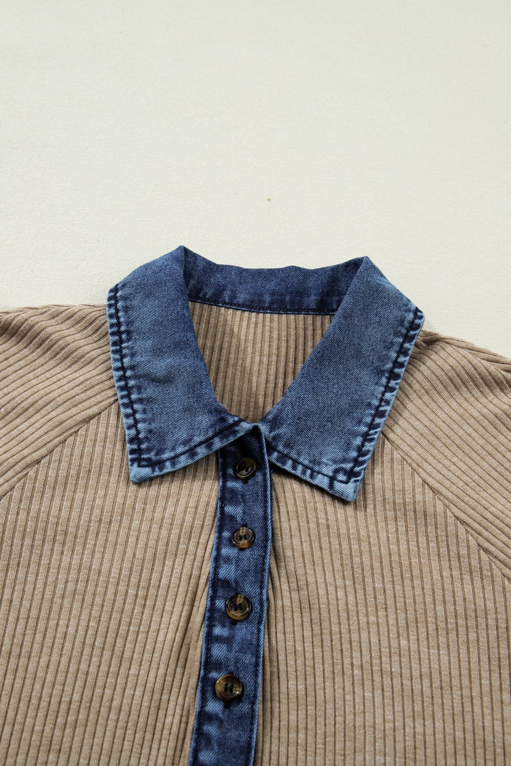 Denim Patchwork Ribbed Knit Polo Collar Top - Rooted & Reckless Co.
