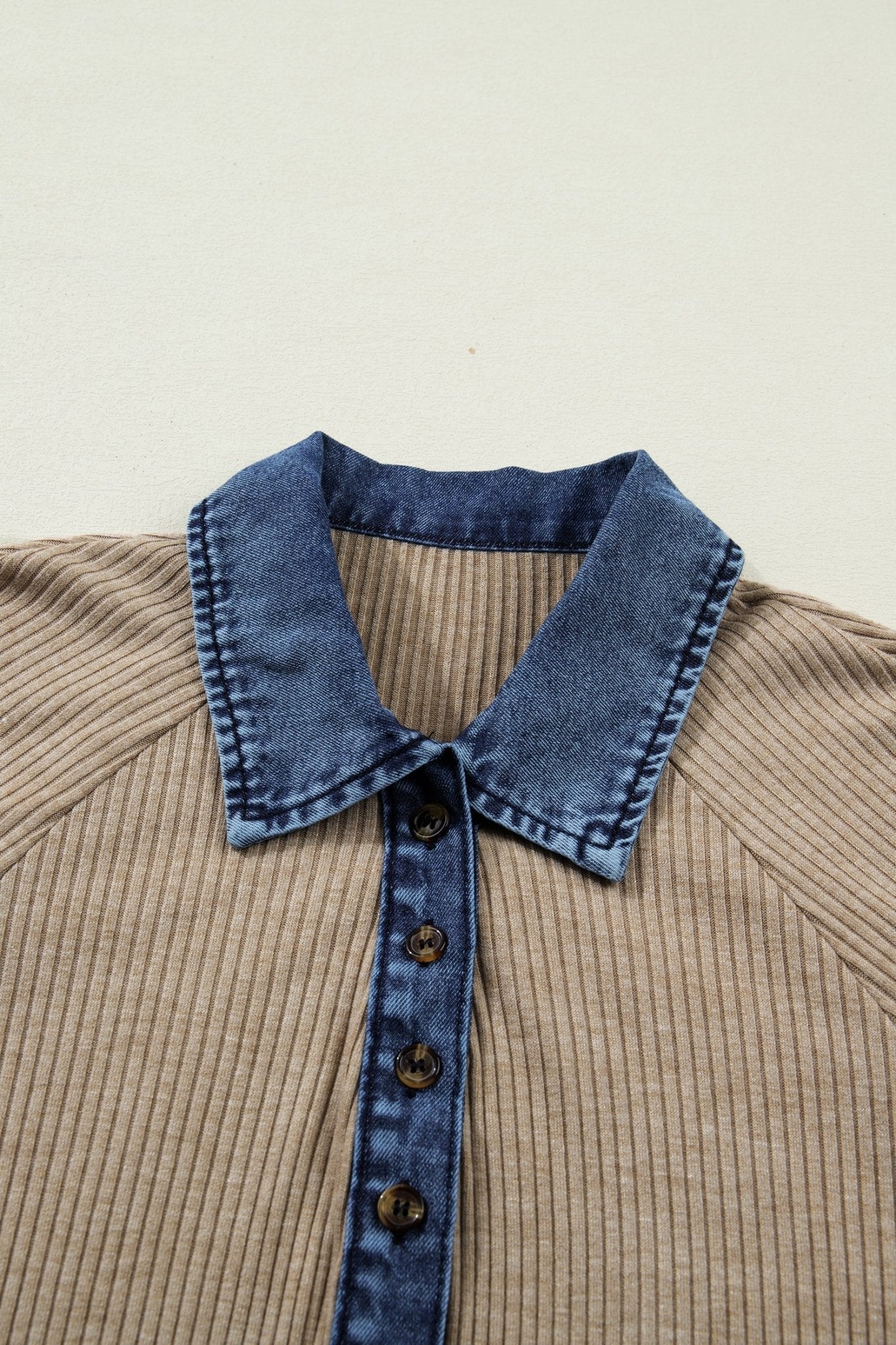 Denim Patchwork Ribbed Knit Polo Collar Top - Rooted & Reckless Co.