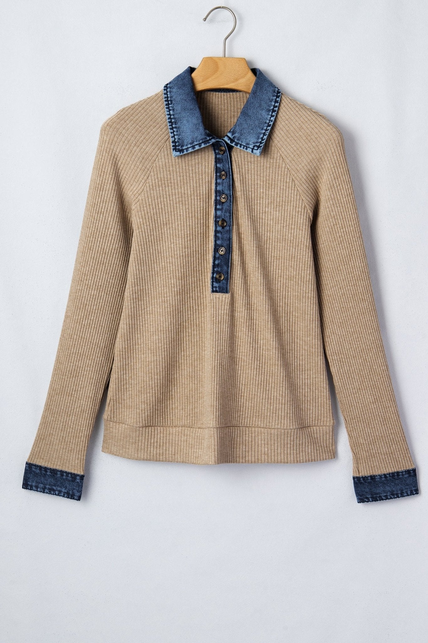 Denim Patchwork Ribbed Knit Polo Collar Top - Rooted & Reckless Co.
