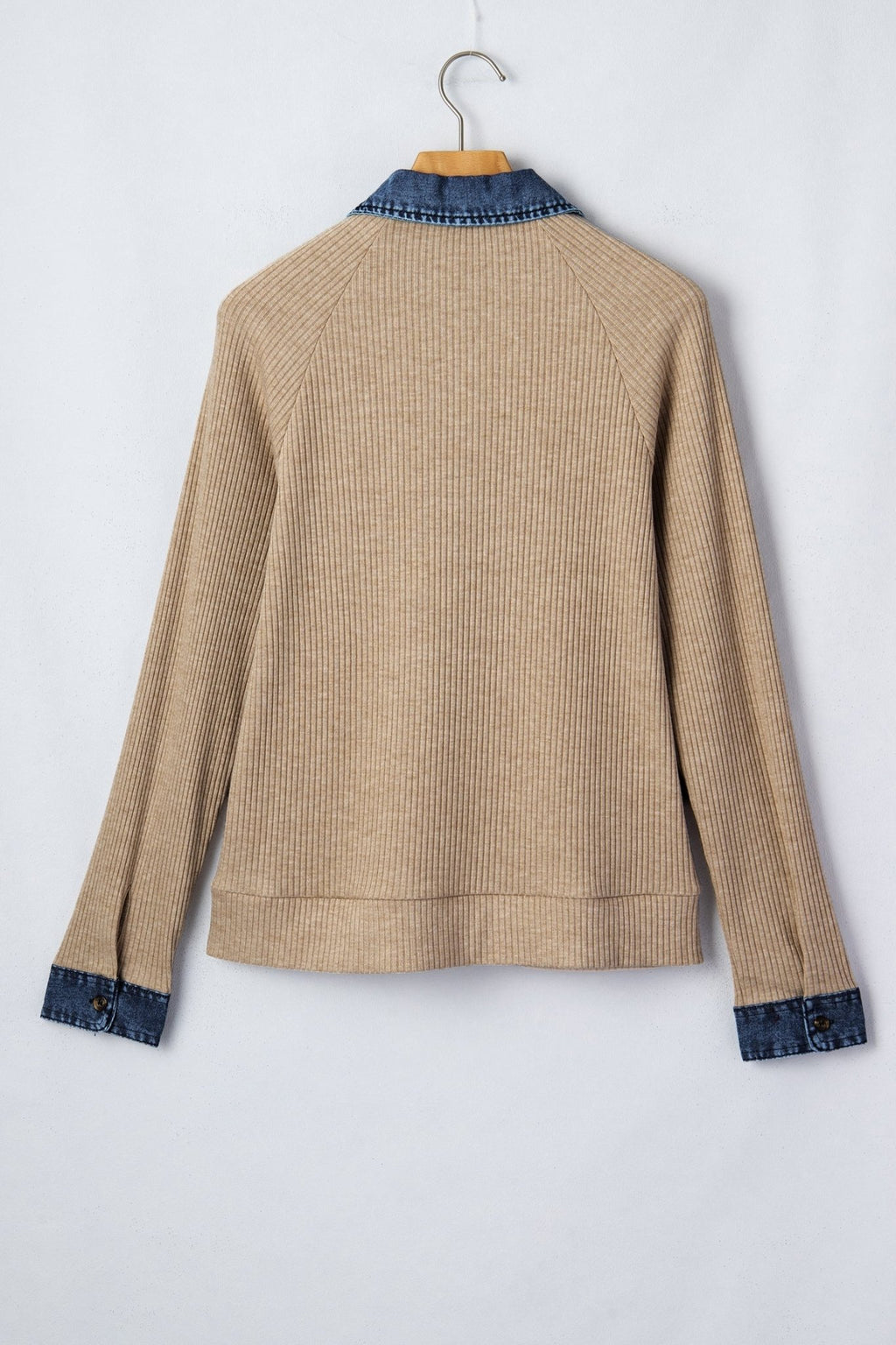 Denim Patchwork Ribbed Knit Polo Collar Top - Rooted & Reckless Co.
